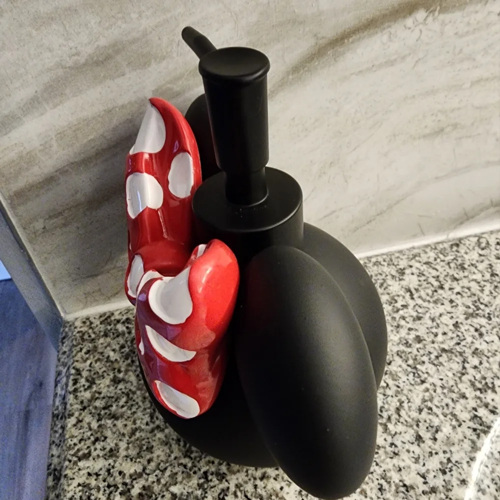 NWT Disney Minnie Mouse Black Soap Dispenser 6in Red Polka Dot Bow Lotion Pump